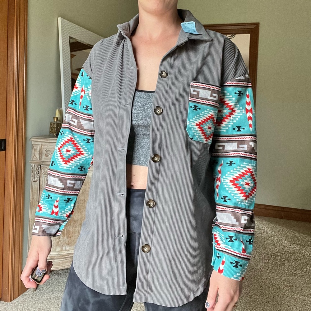 Super cute oversized western pattern corduroy button up top/jacket